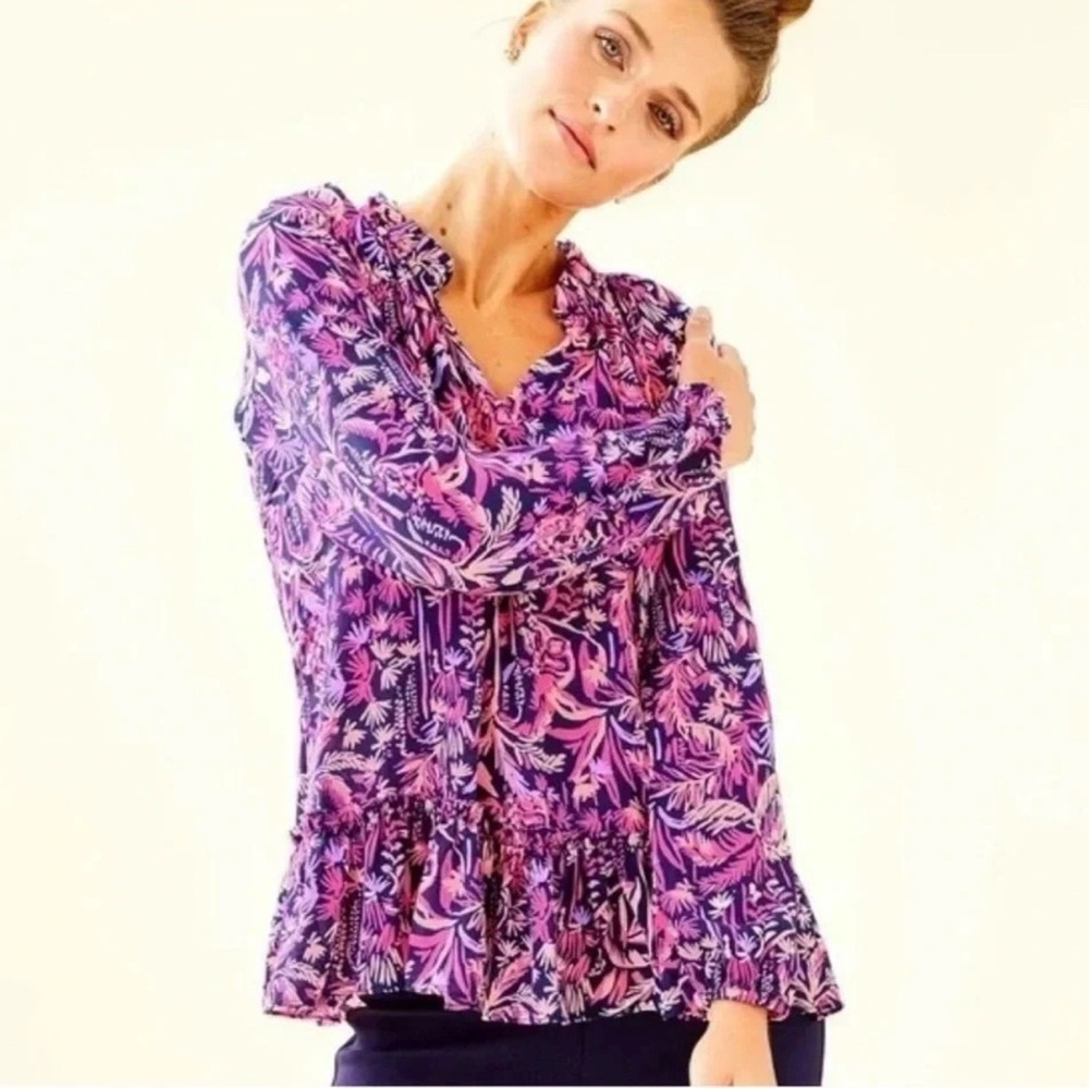 LILLY PULITZER Savanna LS Top Pink Navy Flounce Hem EUC Sz XL - Picture 10 of 14
